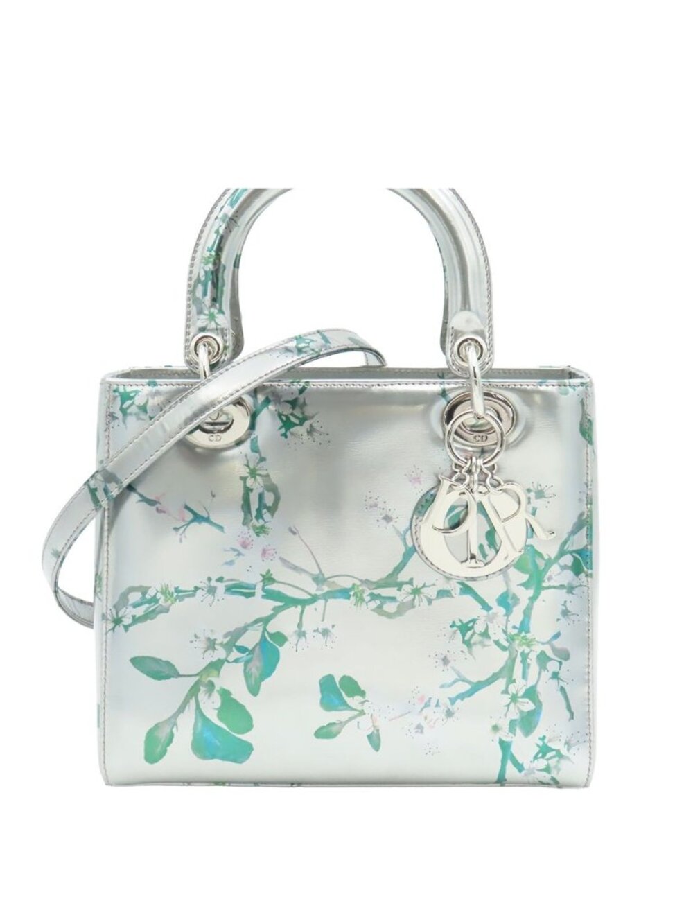 Dior Lady Medium Silver Lambskin 2-Way Shoulder Bag Floral Metallic